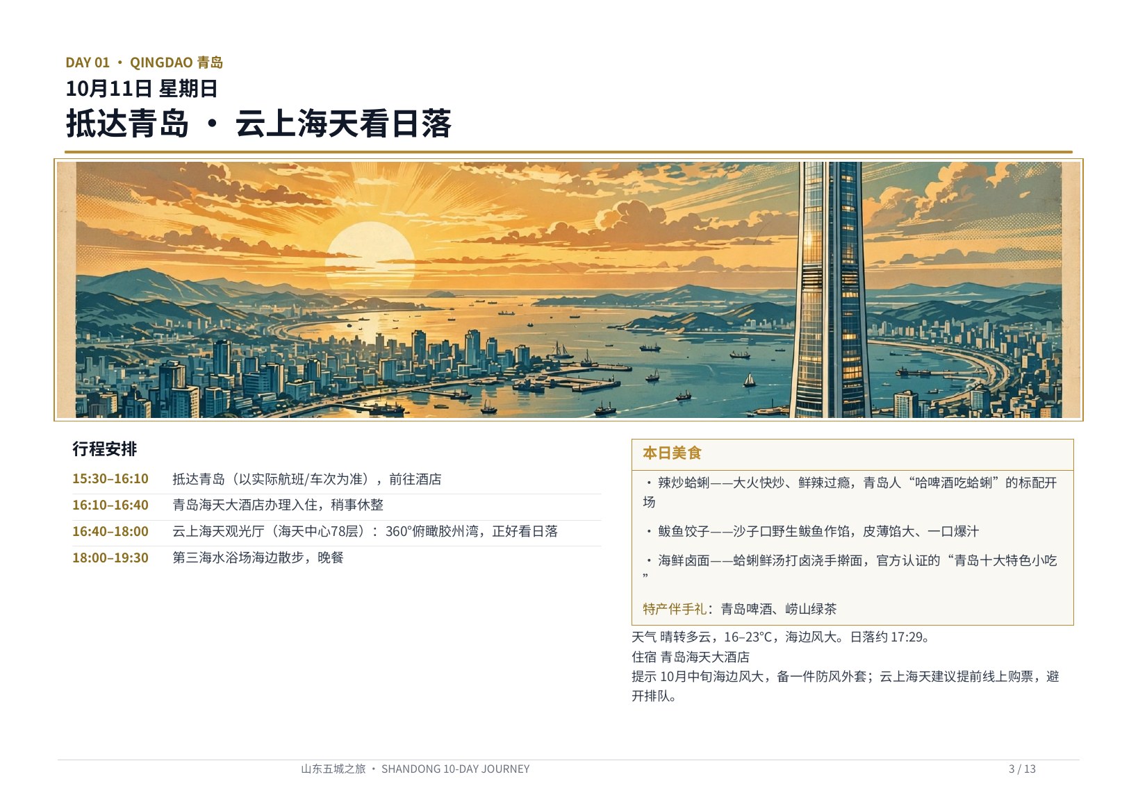 PPT 演示风格版 第3页 Day 1 · 青岛